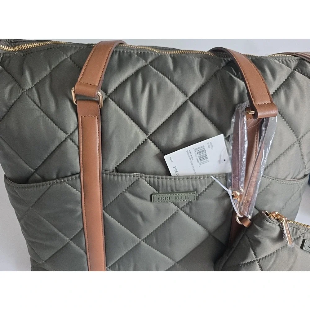 Anne Klein Quilted Nylon Tote‎ Bag w Zip Pouch Olive Green NWT